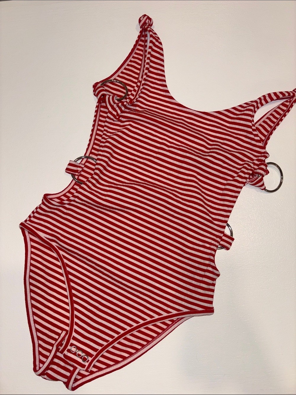 Topshop Red and White Striped Ring-Detail Bodysuit